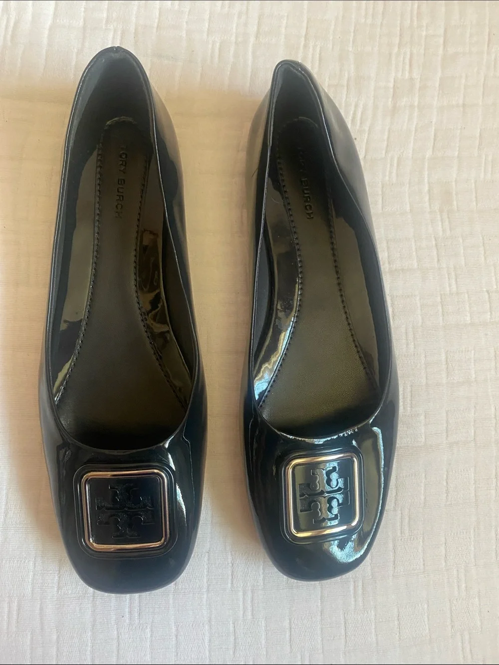 TORY BURCH  Dark Blue Patent Leather Logo Square-Toe Ballet Flats
